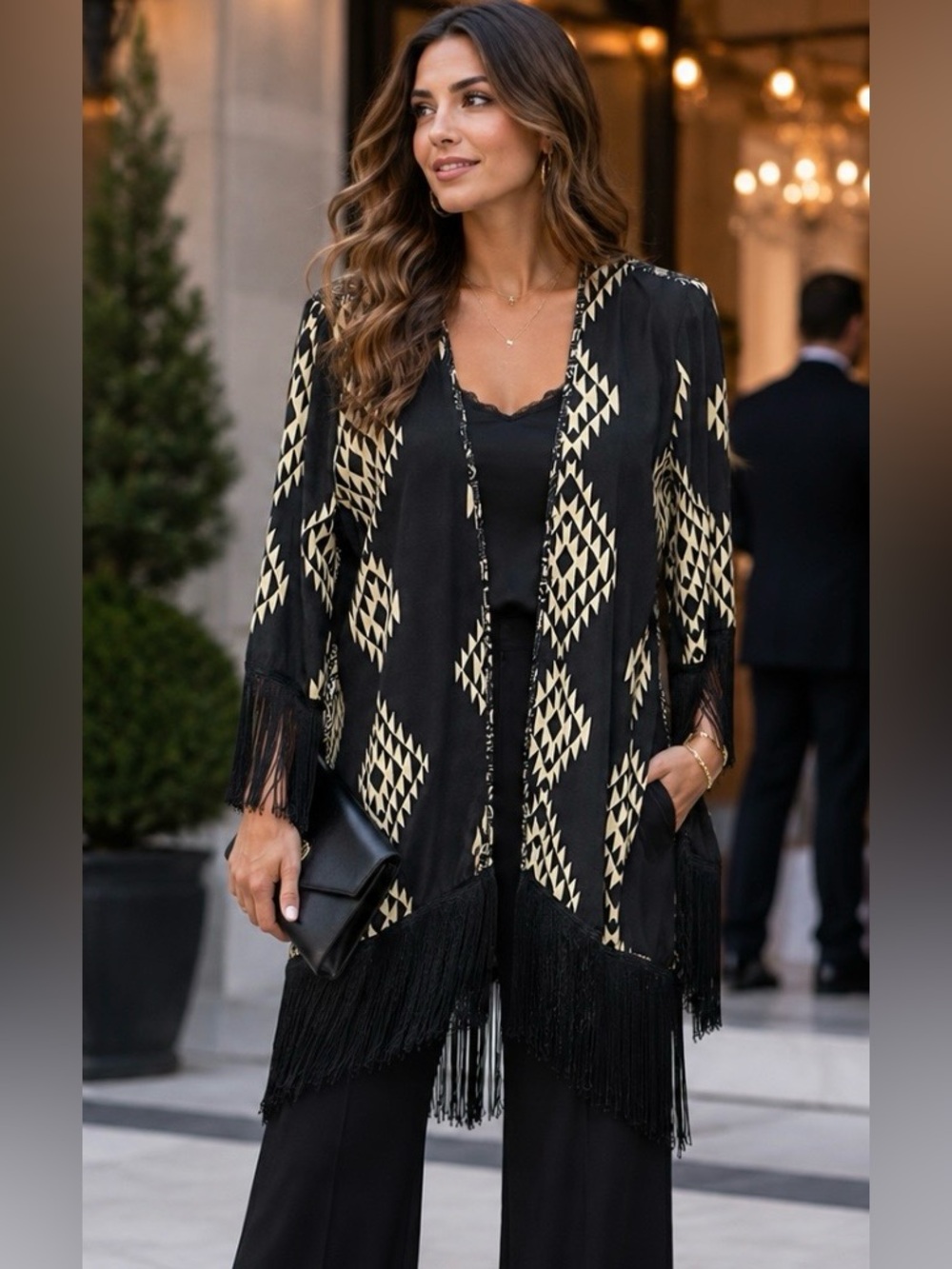 Kimono Cover Up Open Front Large Fringe High/Low Hem Geometric Southwest Resort